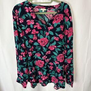 Talbots Women’s XL Navy Blue Pink Floral Blouse Classic Mature Work Office
